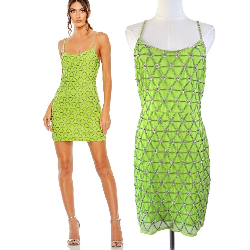 Mac Duggal 10983 Beaded Sheath Mini Dress Size 6 Chartreuse Green Cocktail NWT